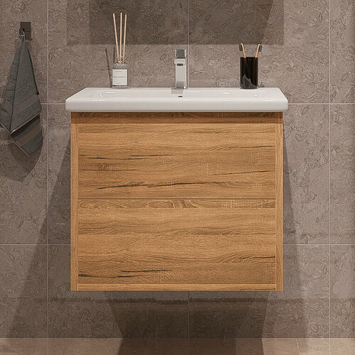 Изображение товара Тумба подвесная SanStar Siva 50 с раковиной Como 50 (комплект) для ванной комнаты, Дуб вотан