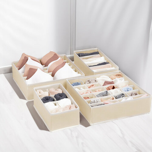 Органайзер для хранения вещей, нижнего белья, бюстгалтеров и носков в шкафу, складной, с разделителями, набор 4 шт, кремовый