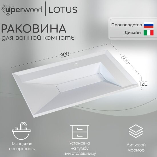 Раковина Uperwood для ванной Lotus Premium 80х50х13 см, белая глянцевая