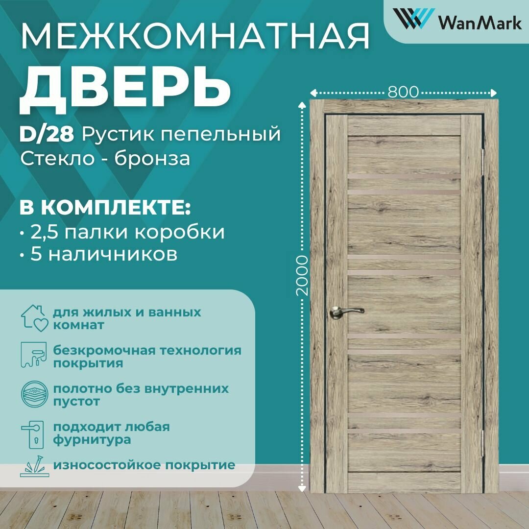Дверь межкомнатная экошпон D28 со стеклом цвет рустик пепельный 800х2000 в комплекте