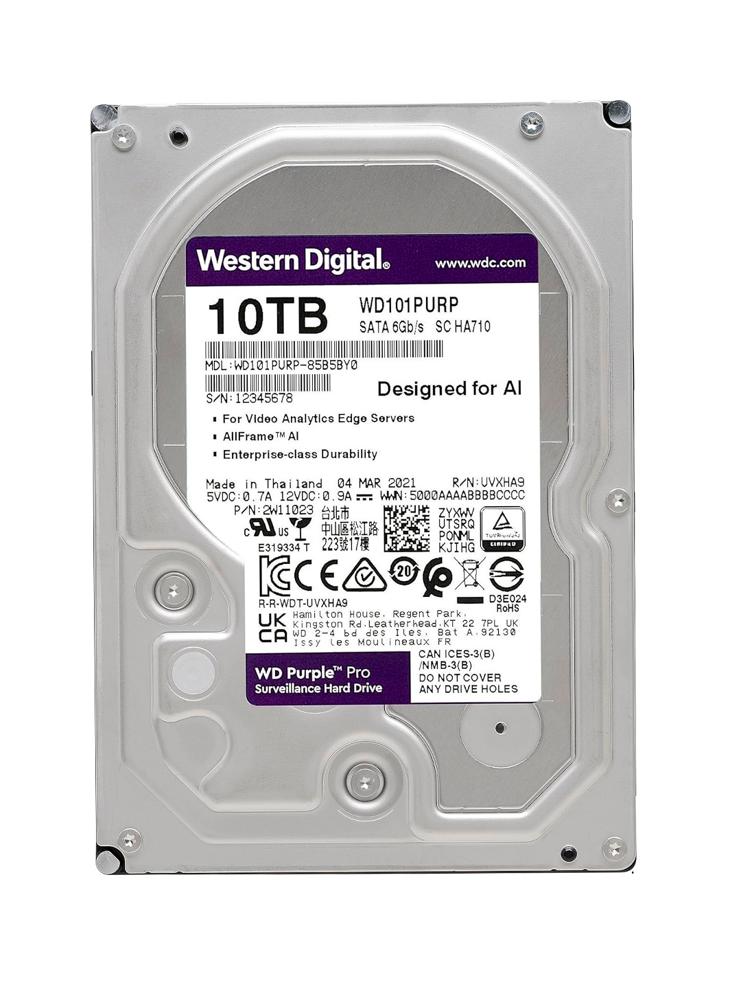 Жесткий диск WD Purple, 10 ТБ, для ПК и для систем видеонаблюдения , форм-фактор 3,5", HDD