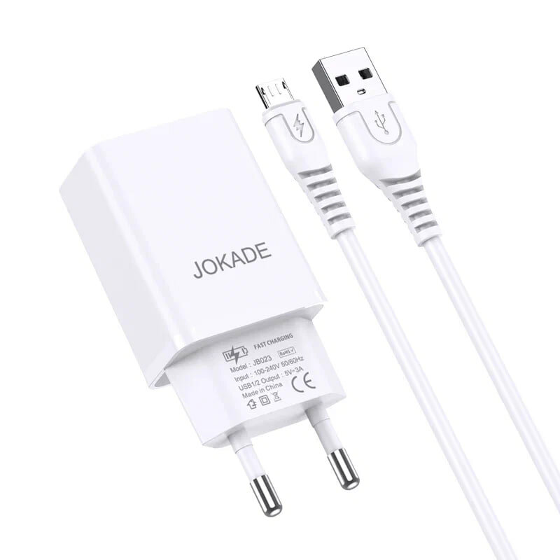 Зарядное устройство Jokade, JB024, 3A, 2 порта, кабель Micro USB, белое — фото 1