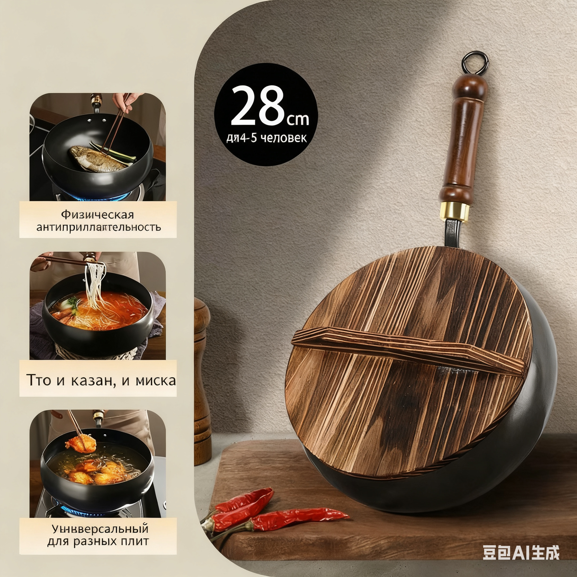 Чугунная сковорода Wok "Большой живот" 28см/11in, антипригарная без покрытия, для газа/индукции, глубокая жарка с защитой от брызг