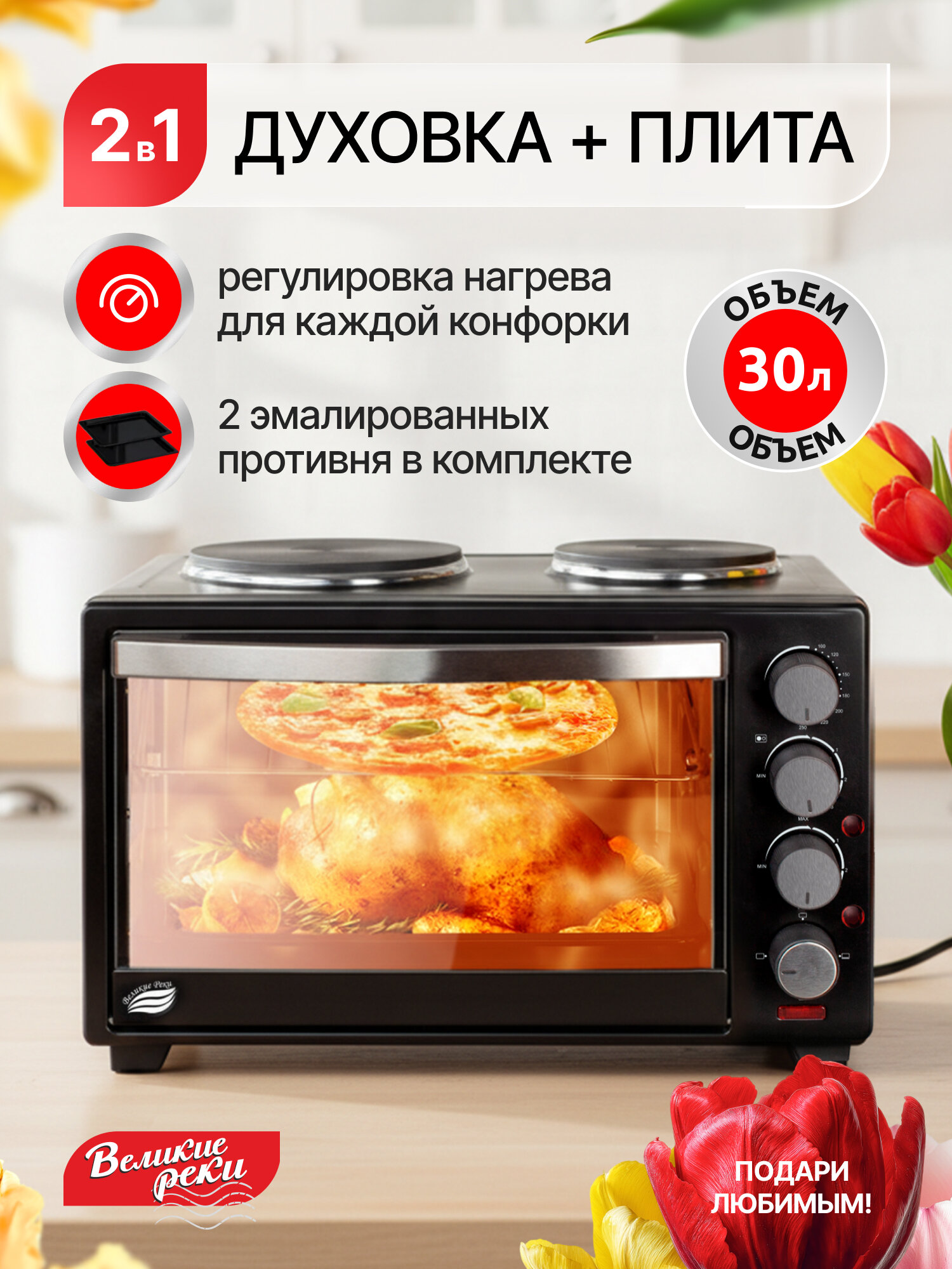 Духовка электрическая настольная Великие Реки Днепр-2, объем 30 л, плитка электрическая 2 конфорки, 2 противня