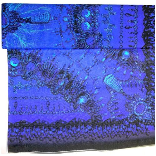 Ткань плательно-блузочная bibliotex. Купон. Шелк 100%. На сине-фиолетовом фоне принт в виде украшений. Италия. 1 шт (ш 138 см, дл 135 см)