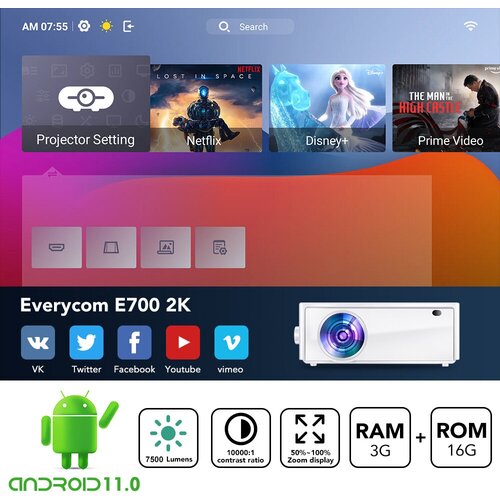 Проектор Everycom E700 (2K версия) (Android, 2560х1440p) + кронштейн