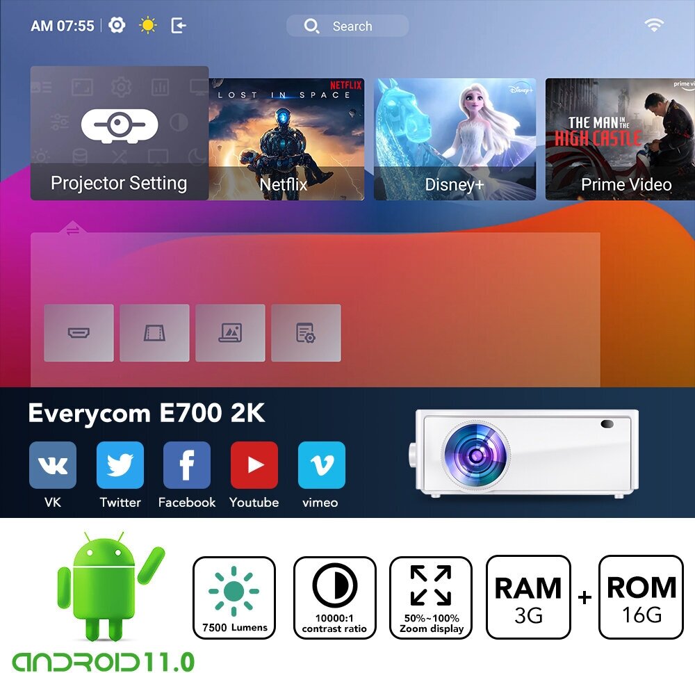 Проектор Everycom E700 (2K версия) (Android, 2560х1440p)