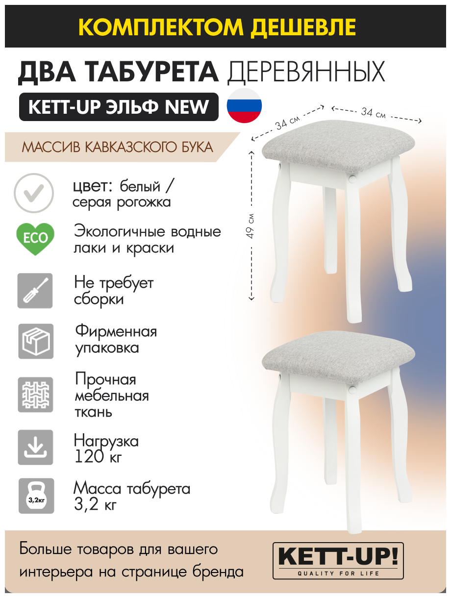 Комплект (2шт) табурет кухонный KETT-UP эльф NEW, KU291.6П, белый / серая рогожка