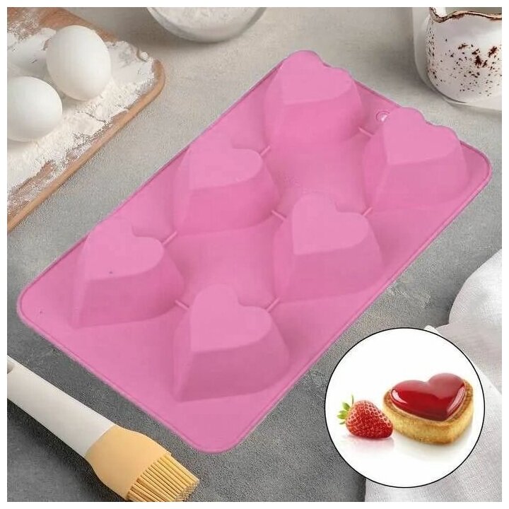 Форма для выпечки силиконовая "Сердце", 6 ячеек, розовый - фотография № 3