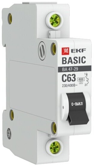 Автоматический выключатель Ekf Basic 1P 63А (C) 4,5кА ВА 47-29 (mcb4729-1-63C)