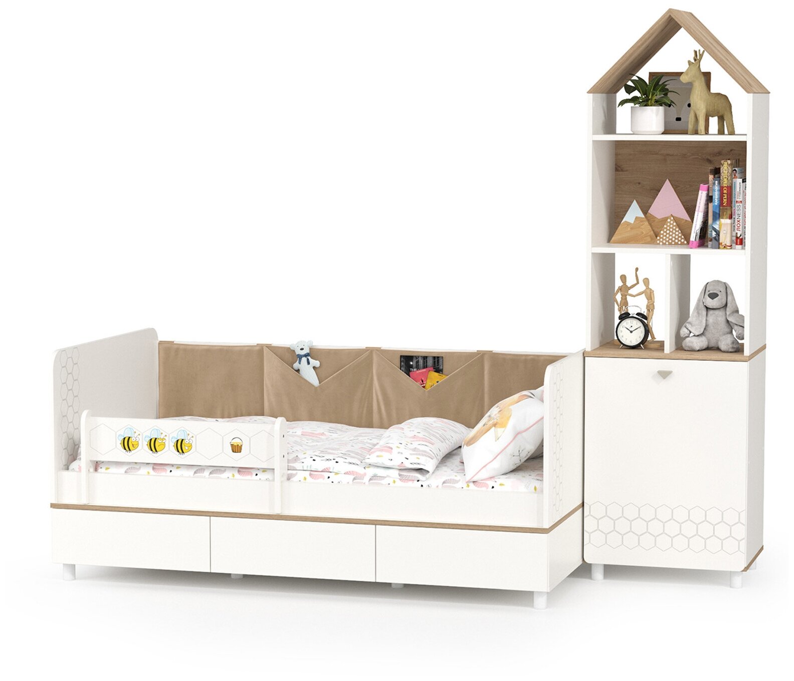 Кровать детская с тремя ящикаи и открытый детский стеллаж Эйп, цвет белый/дуб белый, спальное место 800х1600 мм, без матраса