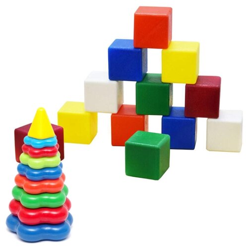 фото Набор развивающий: пирамида детская большая арт. 40-0045 + набор "кубики большие", 12 дет. арт. к-002 karolina toys