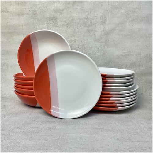 Набор посуды столовой на 6 персон, 18 предмета, тарелки керамика, белый с красными полосками