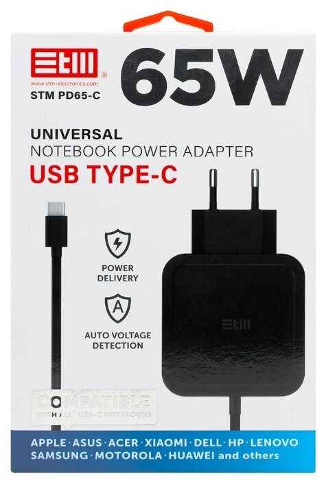 STM Блок питания для ноутбука с быстрой зарядкой и разъемом USB-C подходит для Apple MacBook, Air, Pro 15, 65Вт, PD65-C