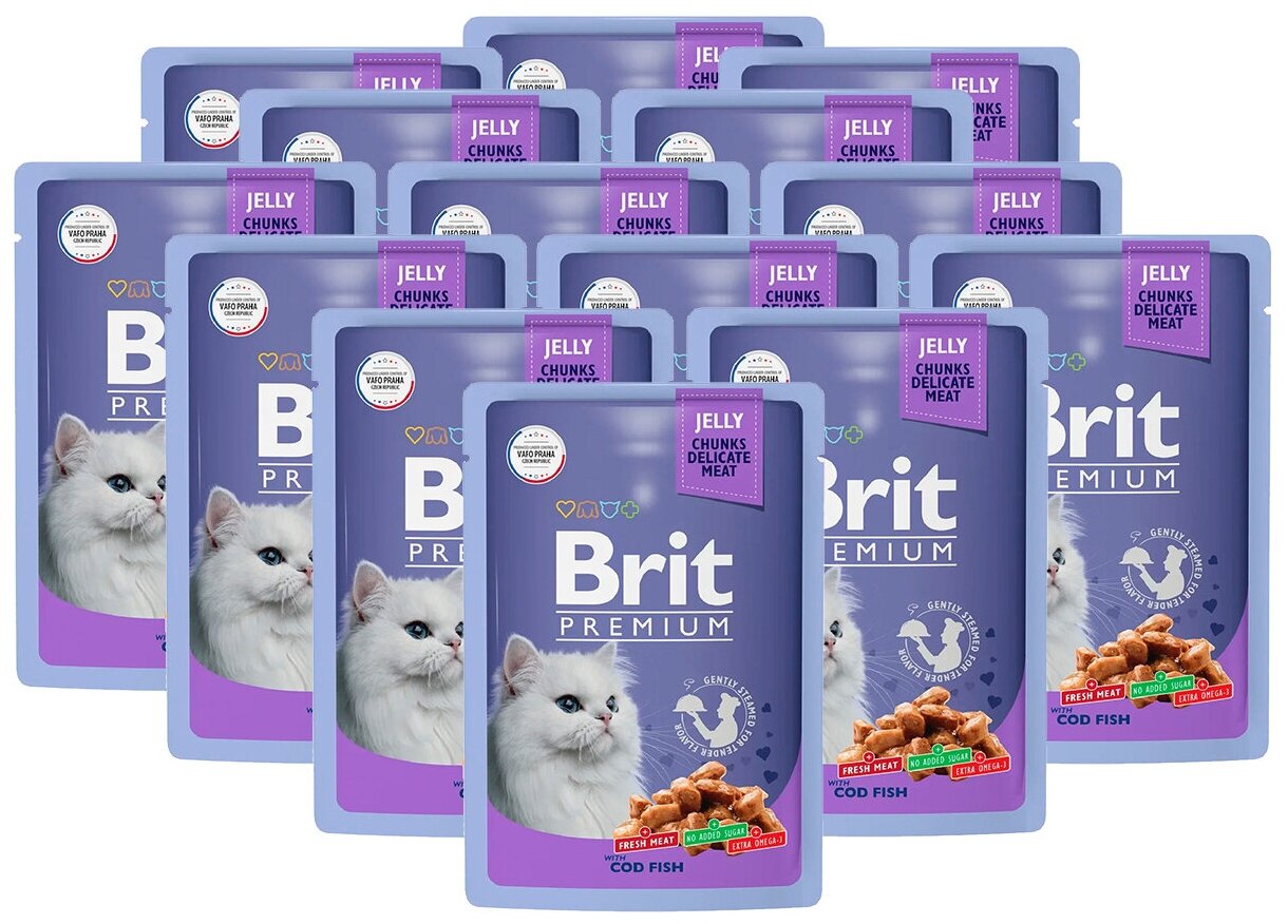 Пауч для взрослых кошек Brit Premium треска в желе 14 шт х 85г - фотография № 8