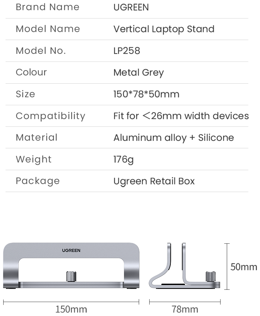 Подставка для ноутбука Ugreen вертикальная для одного устройства с диагональю до 156 металлическая цвет серебристый (20471)