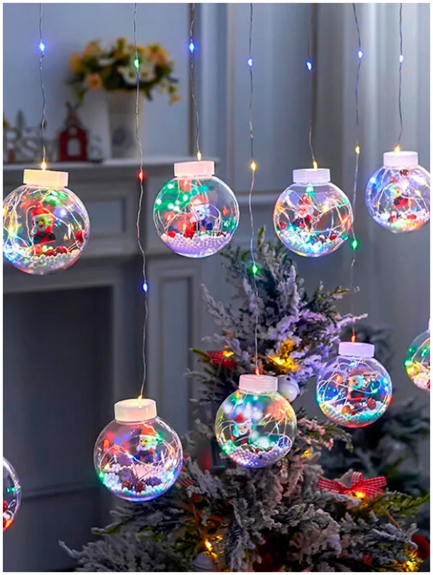 Новогодняя гирлянда-штора 3м 10 шаров 24V Дед Мороз разноцветный