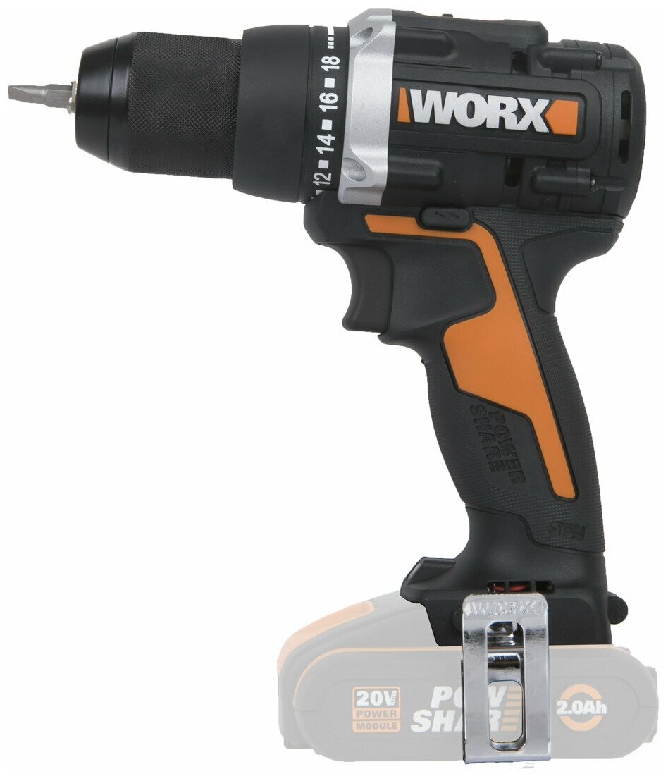 Дрель-шуруповерт аккумуляторная WORX WX102.9, 20В, 60Нм, бесщеточная, без АКБ и ЗУ