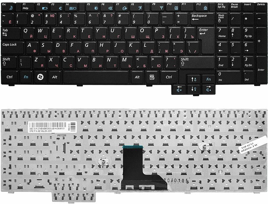 Клавиатура для ноутбука Samsung R525, R528, R530 Series. Г-образный Enter. Черная, без рамки. PN: BA59-02832C.
