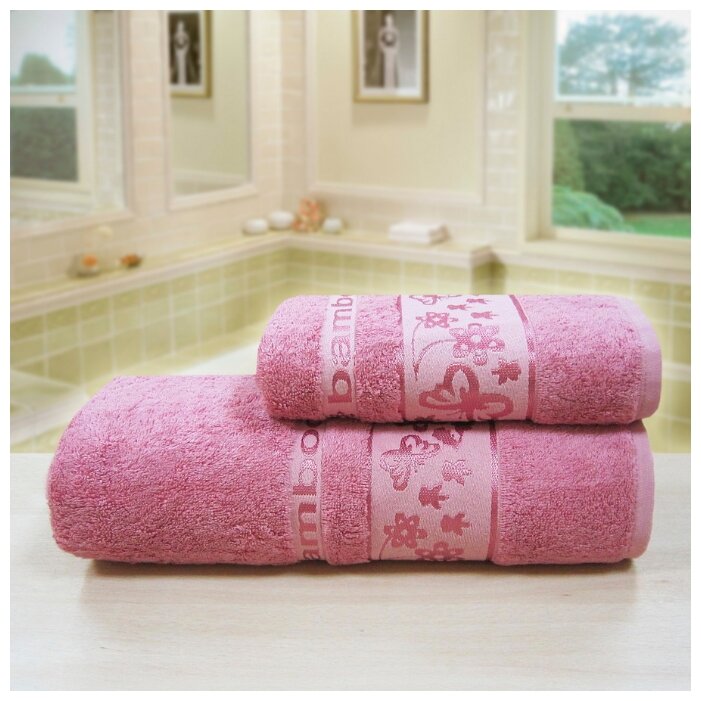 фото Махровое полотенце АЗ Бамбук бабочки м4007_02 M 50* 90 роз