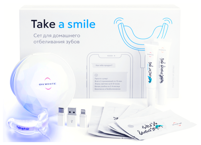 Средство для отбеливания зубов Take a Smile:Led капа для зубов + отбеливающий гель + активатор + отбеливающие полоски для зубов (5 шт.)