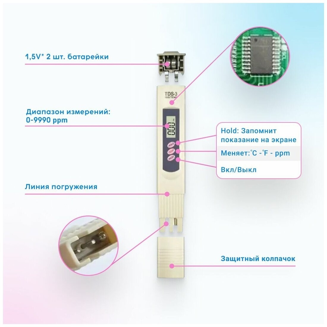 TDS метр, солемер, показывает температуру и степень чистоты воды - фотография № 11