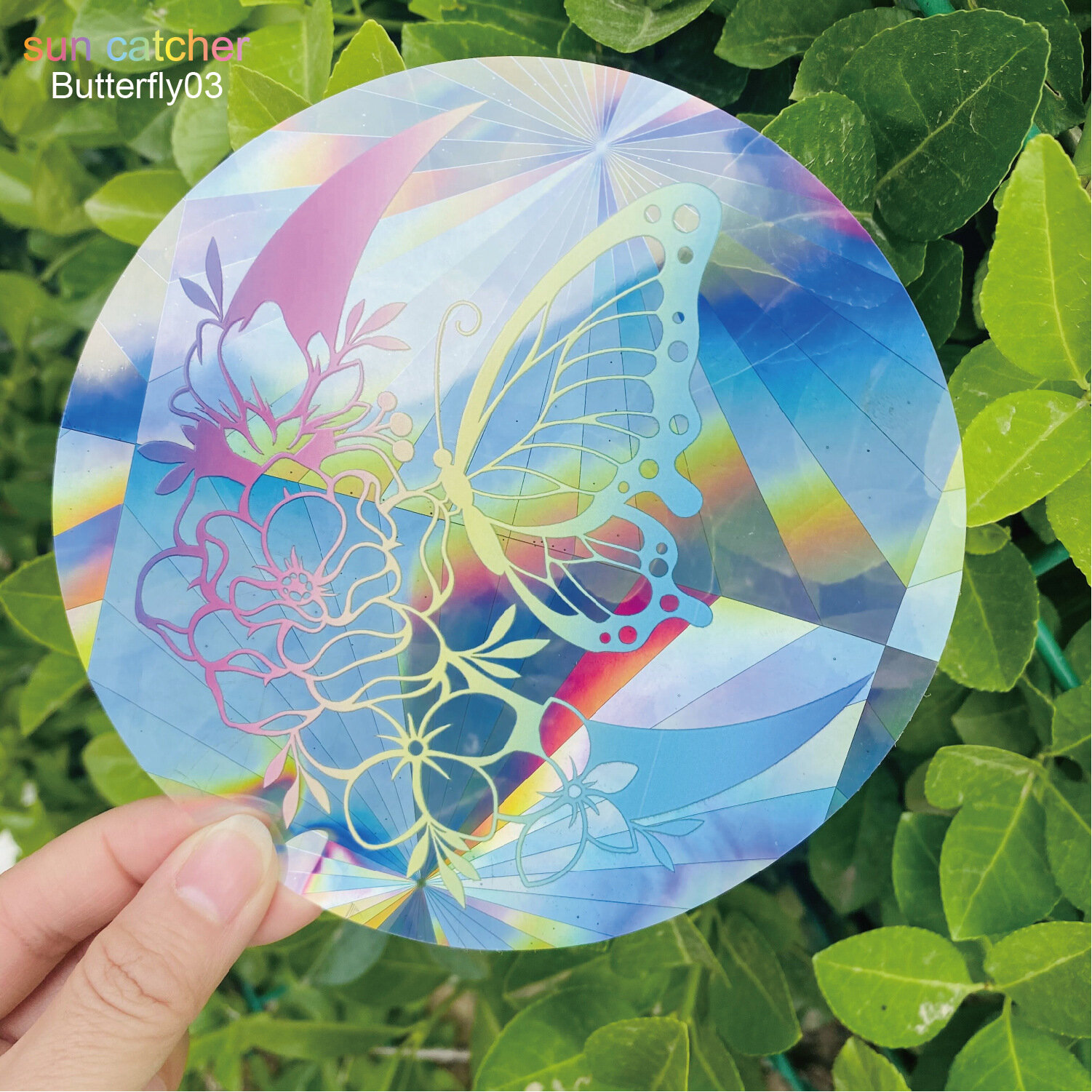 Наклейка лазерная на окно радуга / Призма радужная Rainbow / Ловец солнца (Бабочка на цветке)