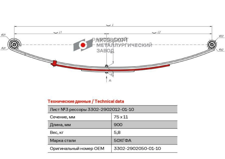 Лист рессоры ГАЗ-3302 передней №3 с хомутом L=1075мм ЧМЗ 3302-2902050-01-10