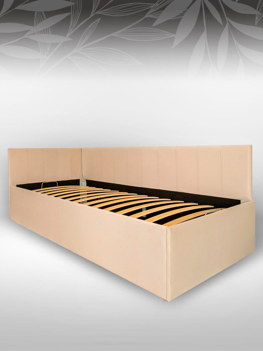 Кровать детская односпальная Глория 90х200 см с подъемным механизмом, мягким изголовьем и ящиком для белья, Бежевый