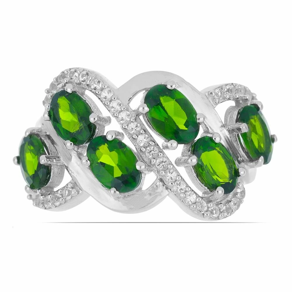 Кольцо, серебро, 925 проба, родирование, хромдиопсид, топаз