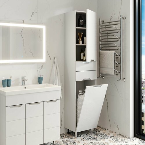 Шкаф полка для ванной комнаты FAURAplus, ЛЮКC 40, напольный, левый, с корзиной, белый, глянцевый.