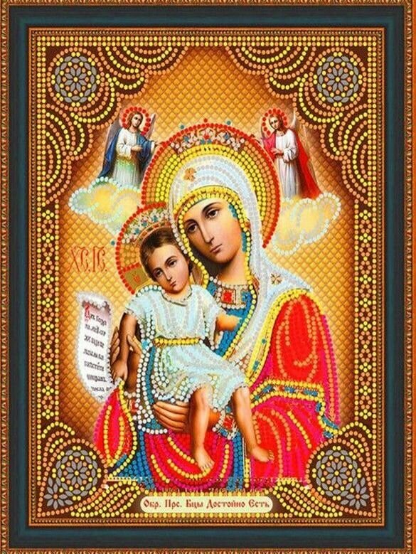 Алмазная мозаика на подрамнике, размер 27x33 см, частичная выкладка. Икона "Образ Пресвятой Богородицы Достойно Есть"