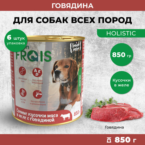 Влажный корм для собак Frais Holistic сочные кусочки мяса в желе с говядиной, 850 гр х 6 шт