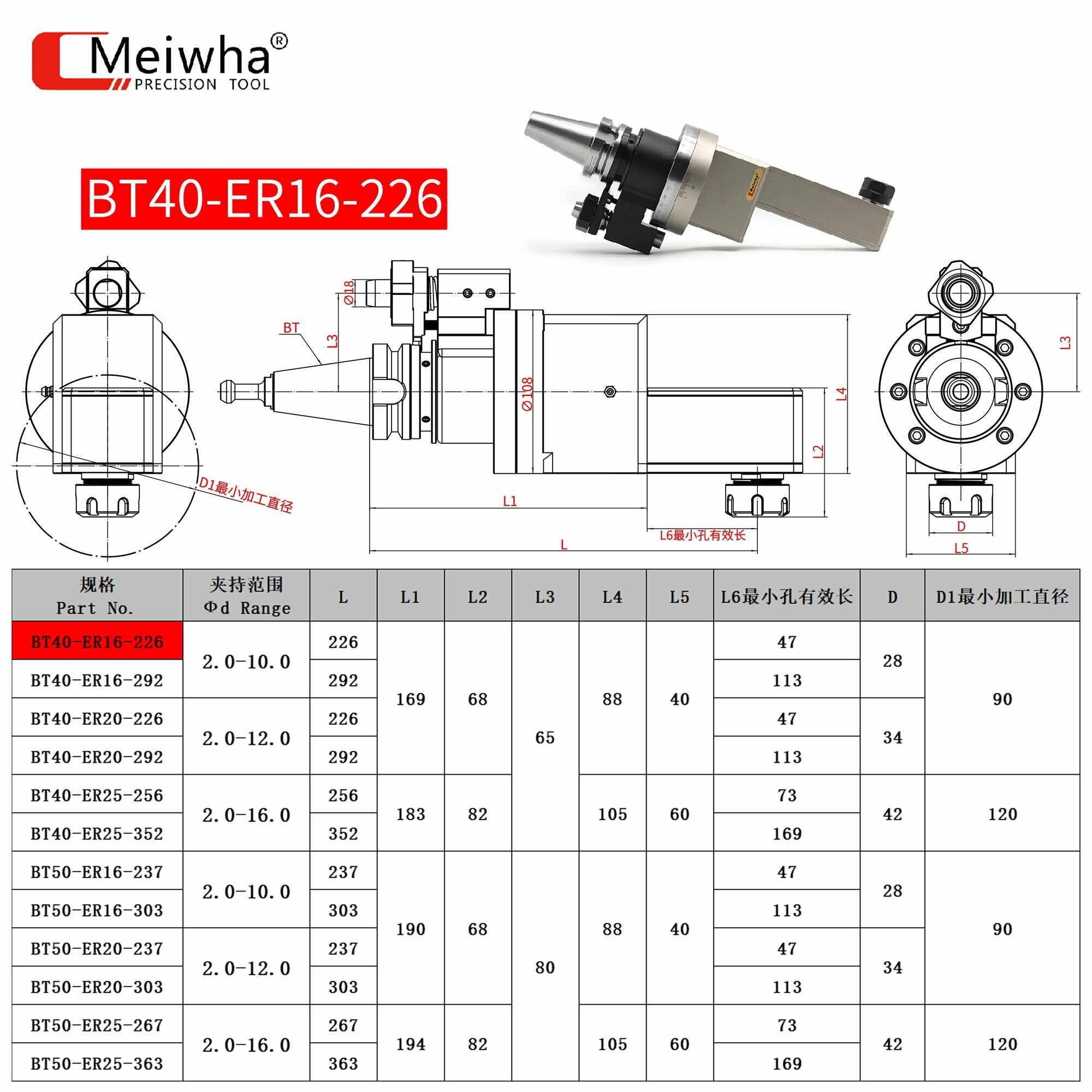 BT40-ER16-226L, боковая фрезерная головка, 90°, для станков с ЧПУ, удлиненная