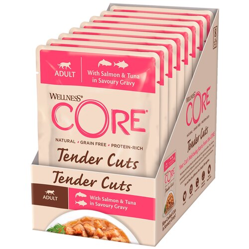 корм для кошек Wellness CORE Tender Cuts, беззерновой, с лососем, с тунцом 8 шт. х 85 г (кусочки в соусе)