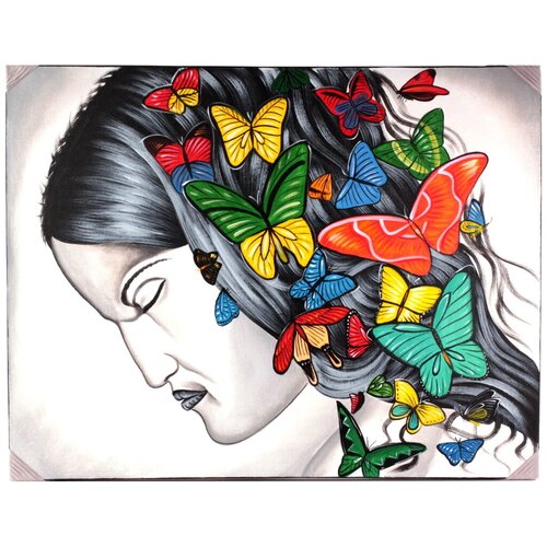 Для дома Индонезия Картина на холсте, Девушка и бабочки, размер 90х70 см.