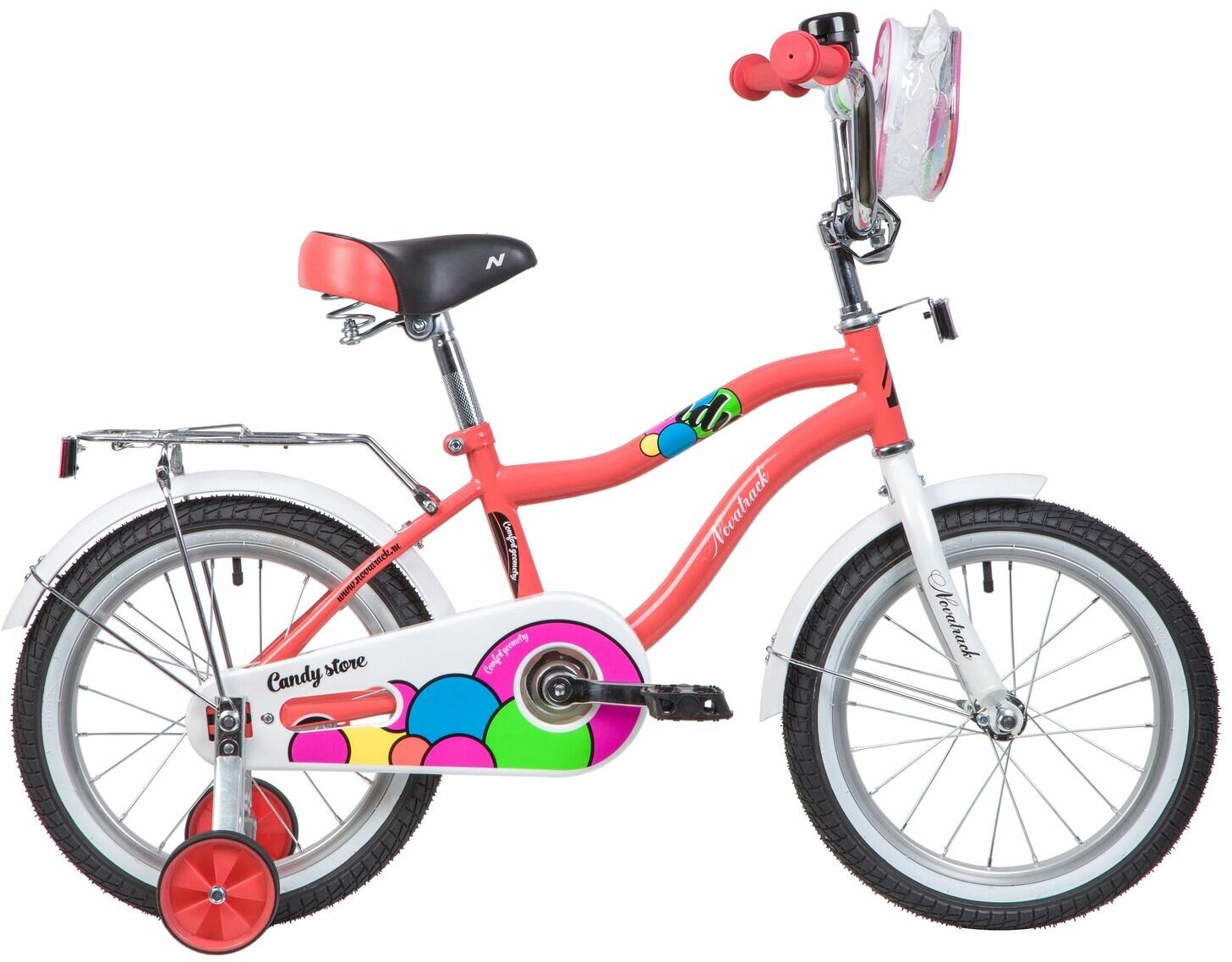 Велосипед Novatrack Candy 16" (2023) (Велосипед NOVATRACK 16", CANDY, коралловый, полная защита цепи, тормоз нож, сумочка на руль, крылья)
