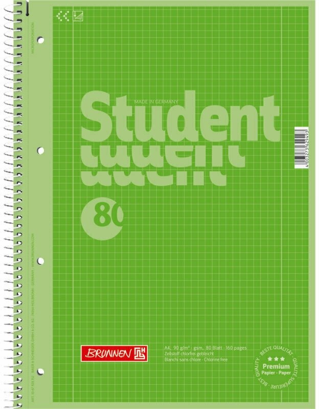 Тетрадь Brunnen, на пружине, клетка, 90 гр/м2, А4, 80 листов Зеленый, пр-во Германия