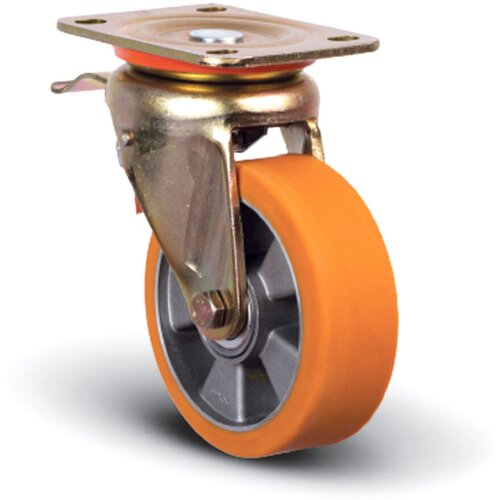 MFK-TORG Колесо полиуретановое диск алюминий поворотное с тормозом 125 мм ED01-ABP-125-F