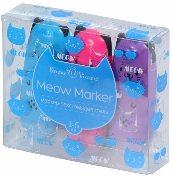 Набор текстовыделителей Meow Marker, 3 штуки, неон фиолетовый, розовый, голубой Bruno Visconti - фото №2