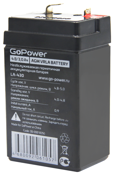 GoPower LA-430 (4V / 3Ah) Аккумулятор свинцово-кислотный GoPower LA-430 4V 3Ah (1/20)