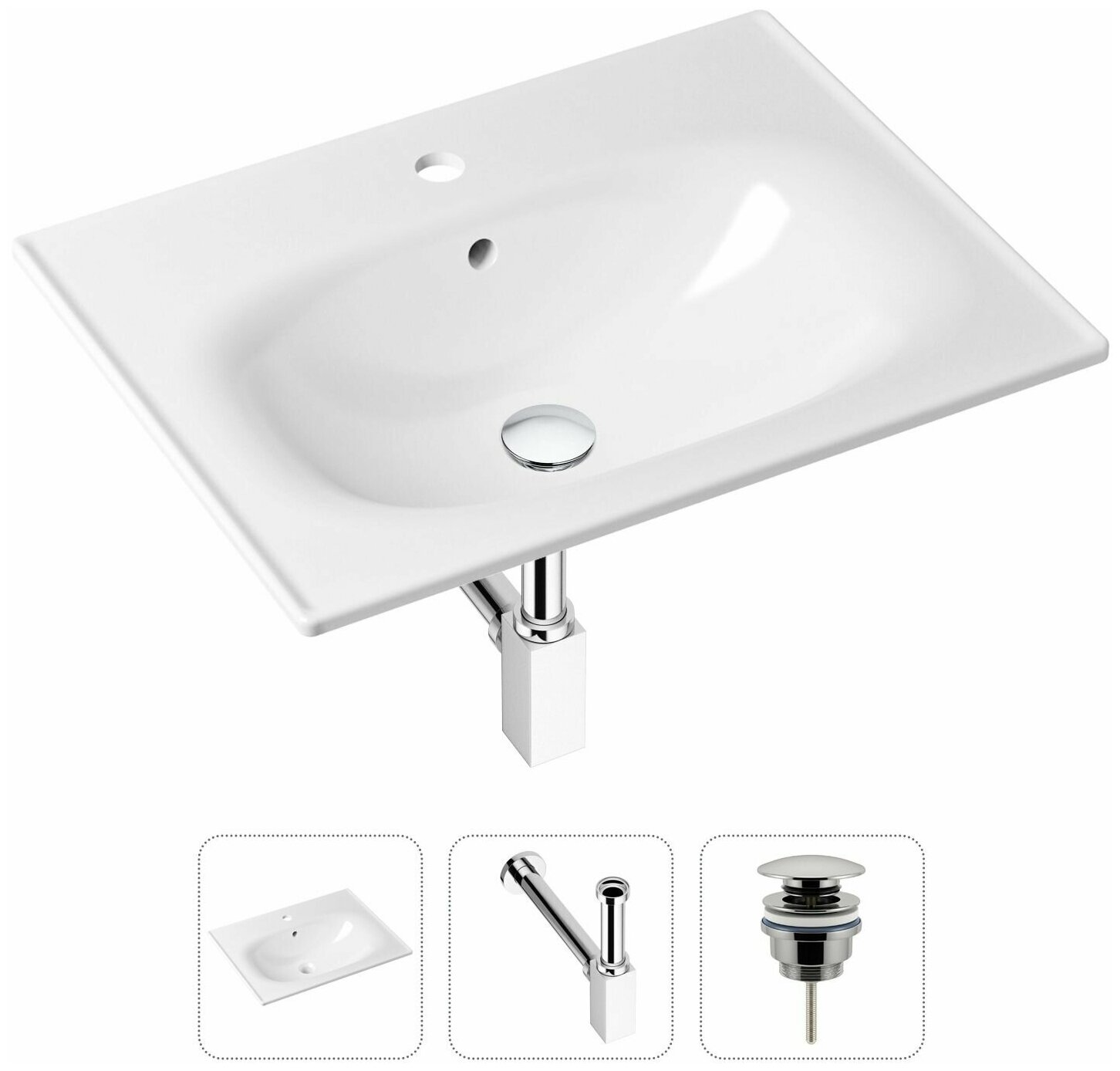 Комплект 3 в 1 Lavinia Boho Bathroom Sink 21520448: врезная фарфоровая раковина 60 см, металлический сифон, донный клапан