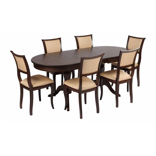 Обеденная группа стол раздвижной Арей 140 Темный орех и 6 стульев Камир Темный орехБежевый жаккард 99990₽