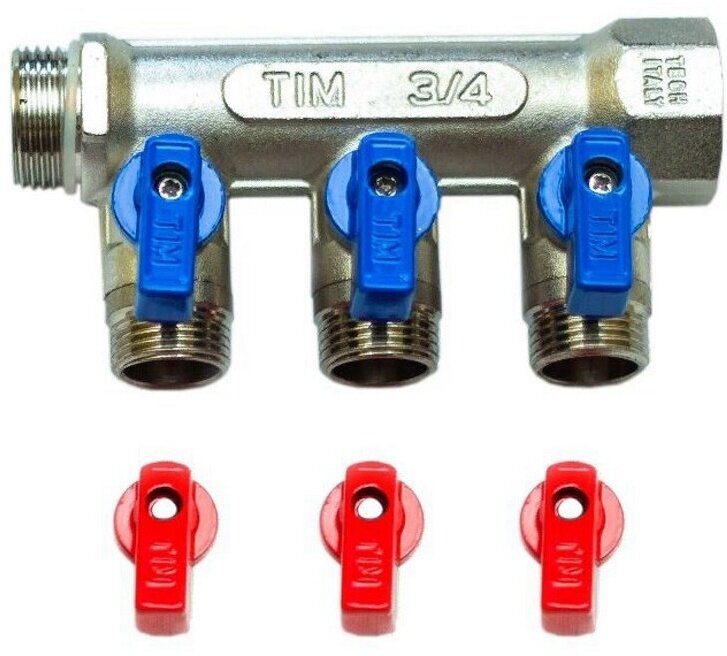 Коллектор распределительный Tim 3/4" ВН-НР, 3 выхода 1/2", с шаровыми кранами, латунь