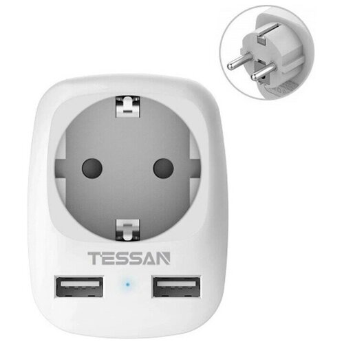 Сетевой фильтр TESSAN TS-611-DE, 1 розетка, 2 USB, индикатор, цвет: белый