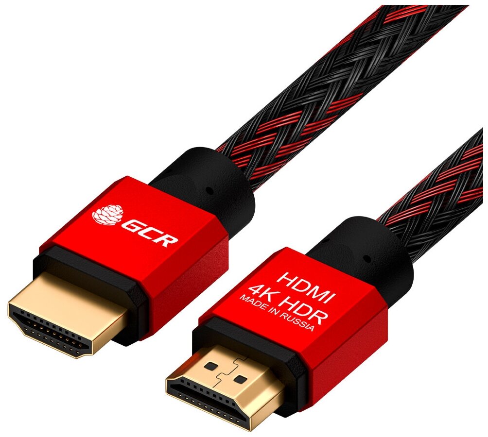 HDMI провод 2м GCR Ultra HD 4K 3D 18 Гбит/с частично нейлон черно-красный для PS3, PS4 24К GOLD