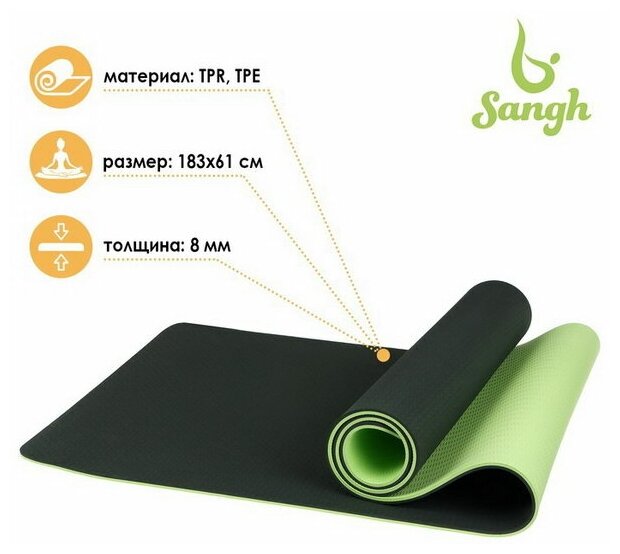 Коврик для йоги 183x61x0.8 см, цвет тёмно-зелёный