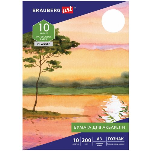 Упаковка 4 шт. Бумага для акварели большая А3, 10 л, 200 г/м2, бумага гознак Холст, BRAUBERG ART 