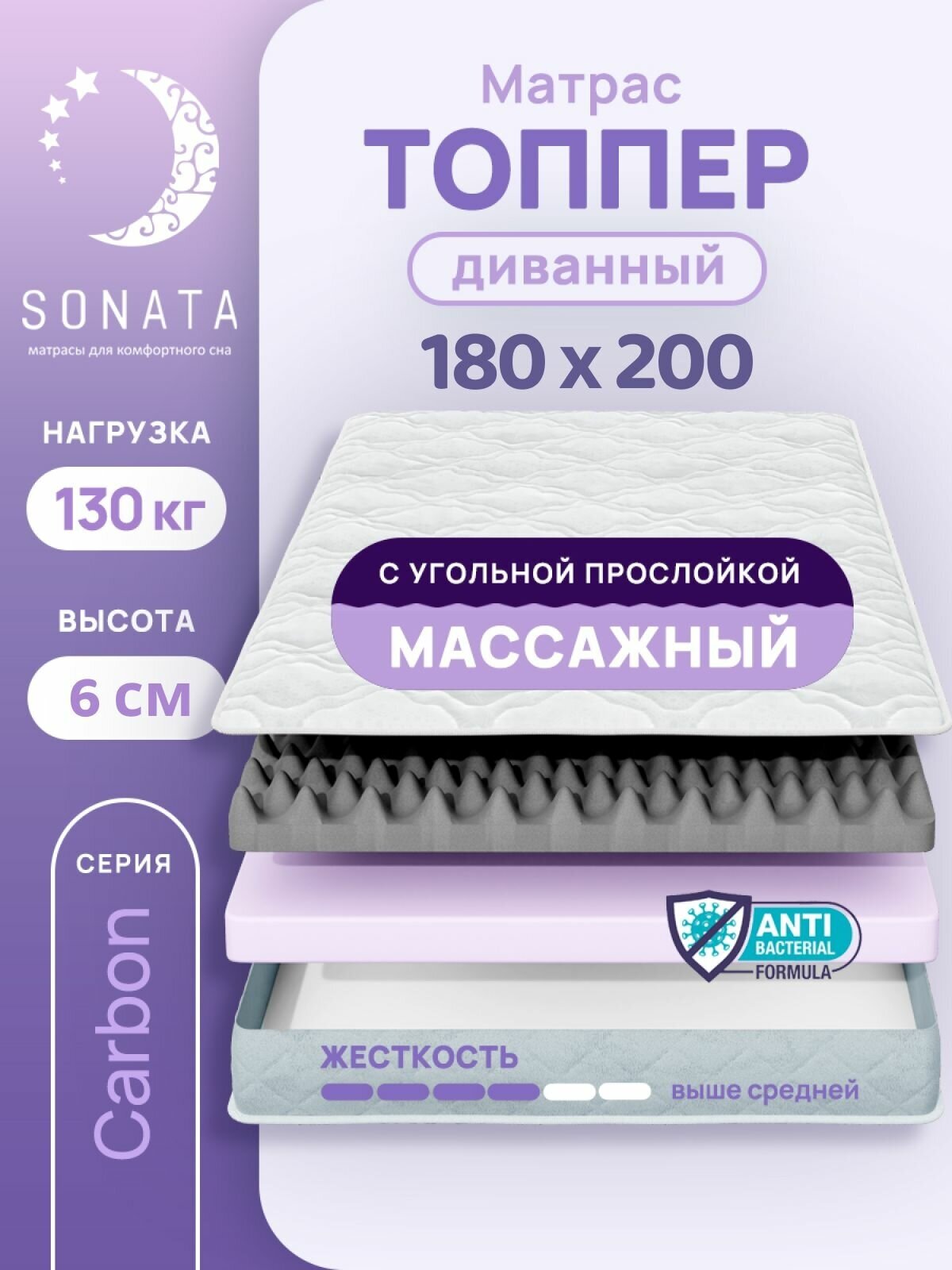 Топпер матрас 180х200 см SONATA, ортопедический, беспружинный, двуспальный, тонкий матрац для дивана, кровати, высота 6 см с массажным эффектом