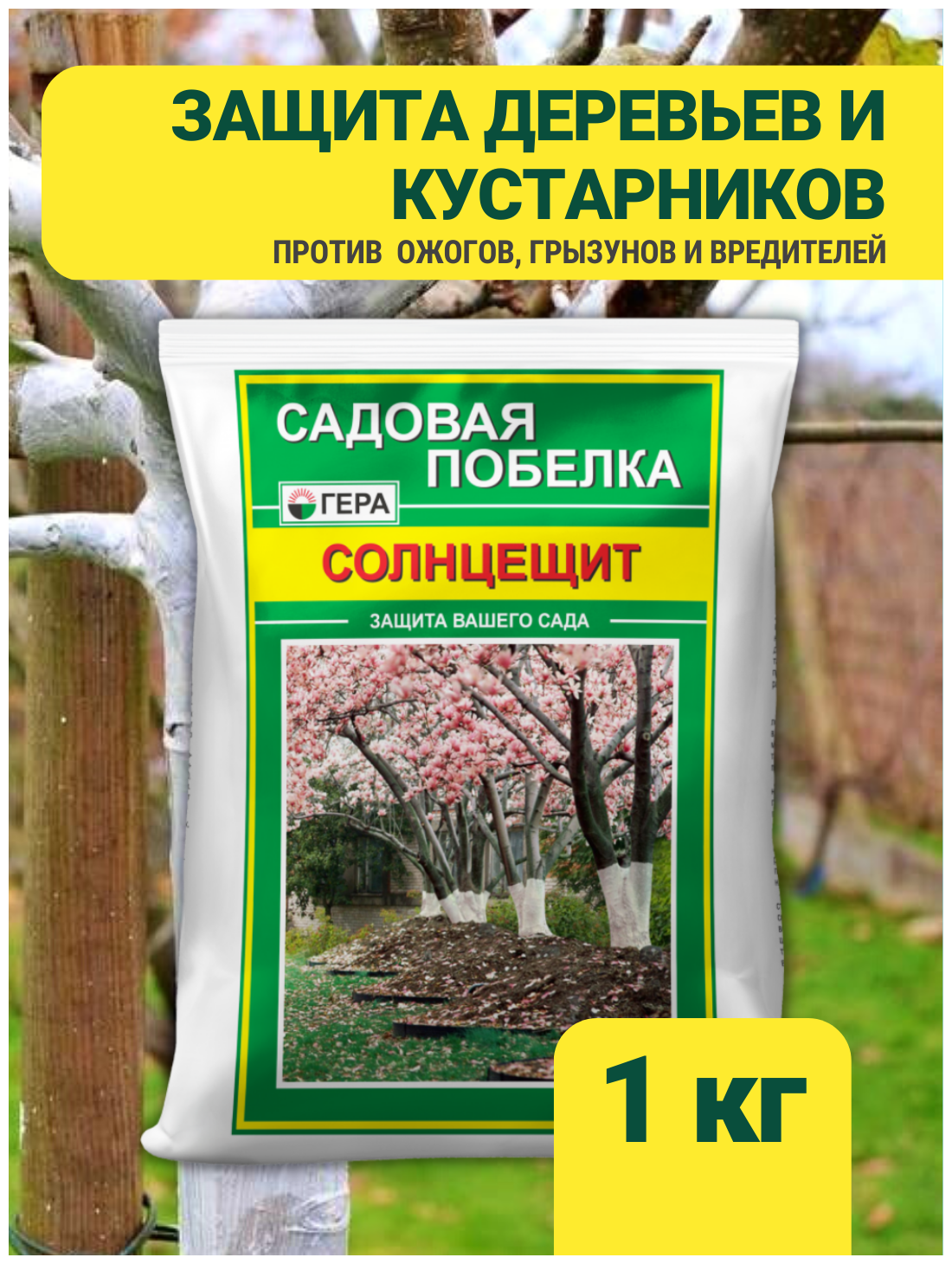 Побелка садовая для деревьев и кустарников от ожогов и вредителей, морозобоин. Дезинфекция погребов теплиц и хранилищ Солнцещит - фотография № 1